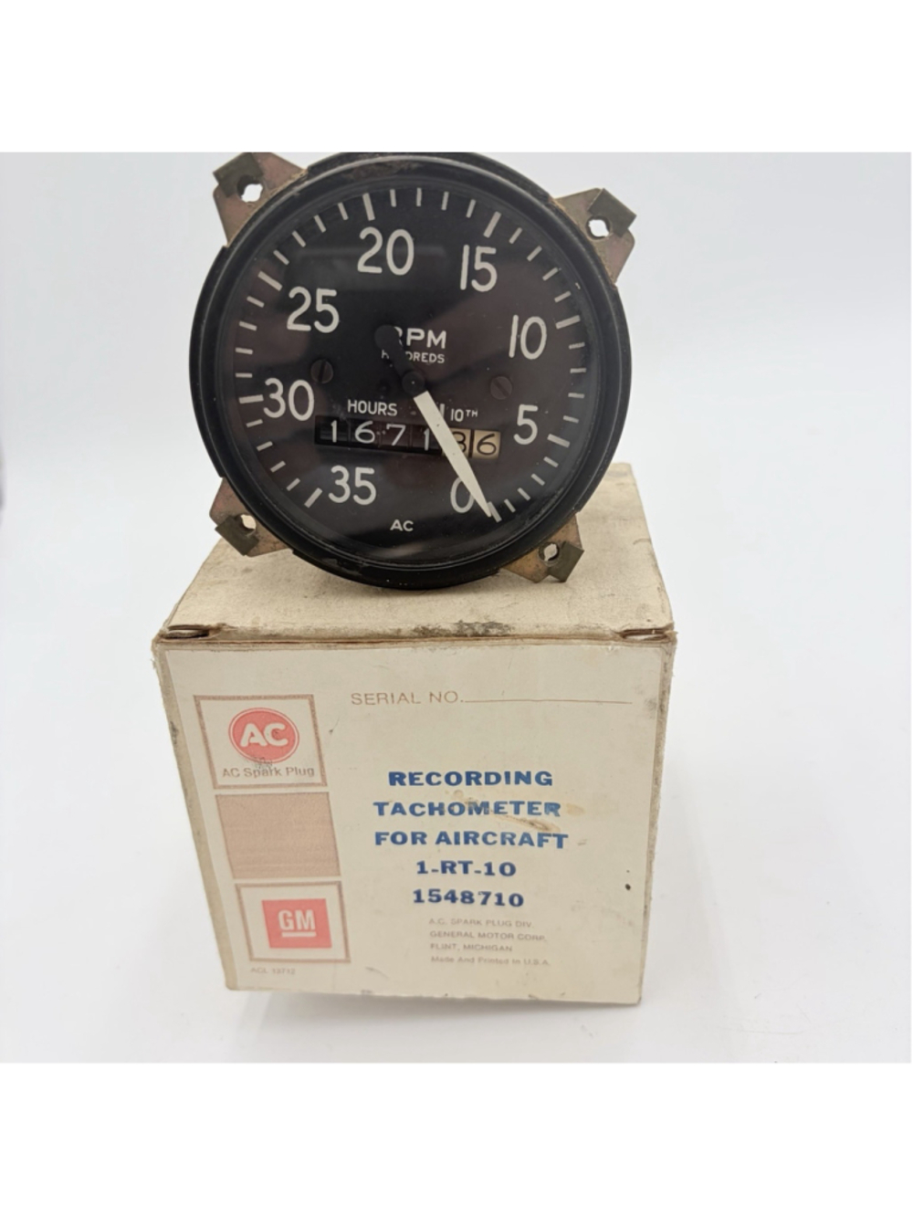 AC GM 1-RT-10 Aircraft Recording Tachometer 1548710 0-3500 RPM Box